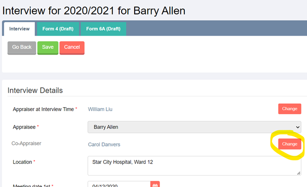 Changing co-appraiser at interview page